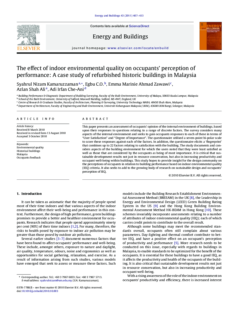 The effect of indoor environmental quality on occupants’ perception of performance: A case study of refurbished historic buildings in Malaysia