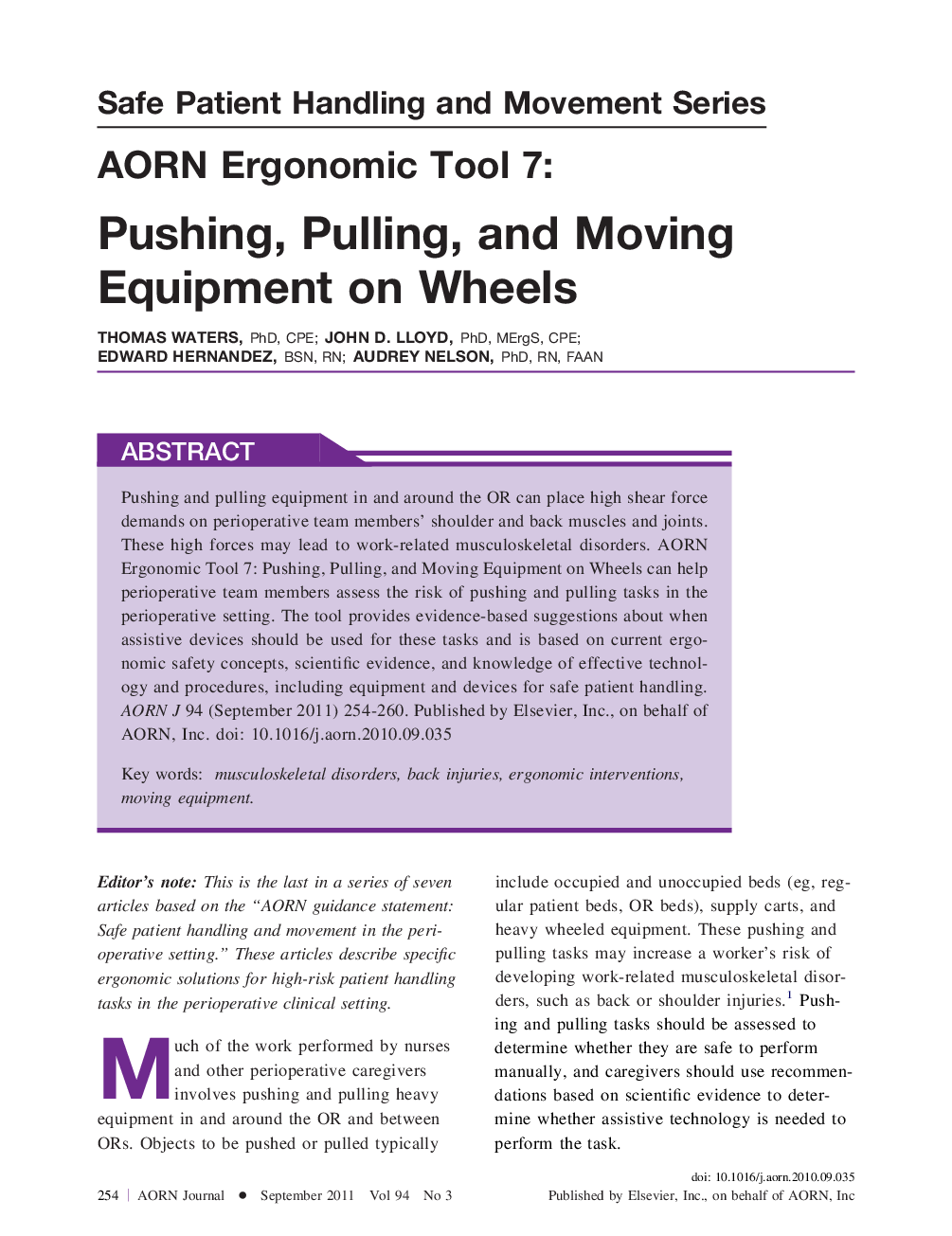 AORN Ergonomic Tool 7: Pushing, Pulling, and Moving Equipment on Wheels