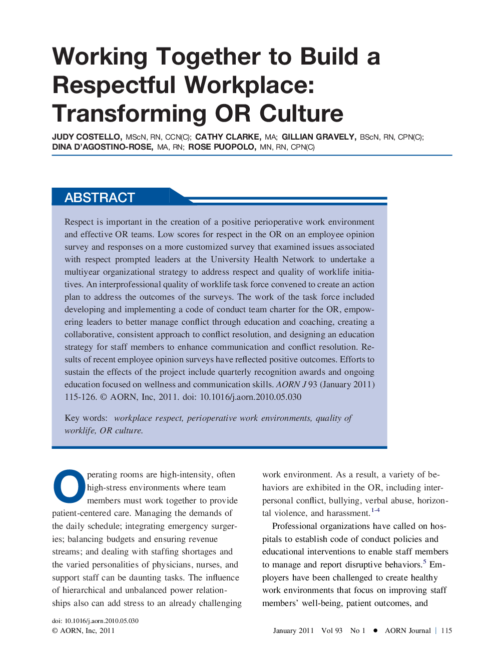 Working Together to Build a Respectful Workplace: Transforming OR Culture