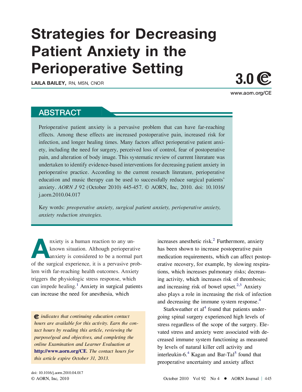 Strategies for Decreasing Patient Anxiety in the Perioperative Setting