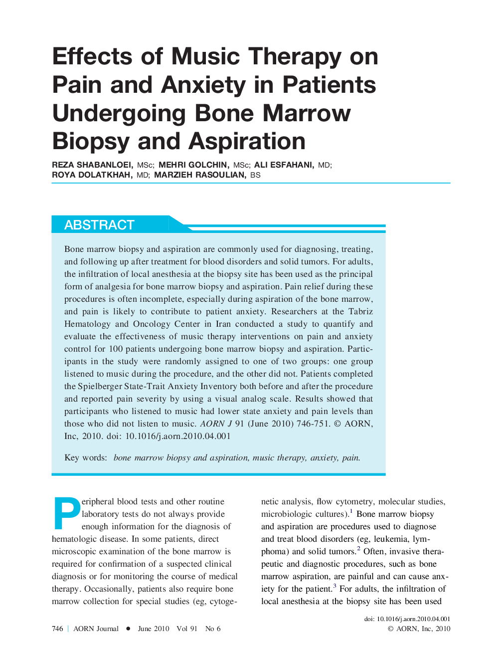Effects of Music Therapy on Pain and Anxiety in Patients Undergoing Bone Marrow Biopsy and Aspiration