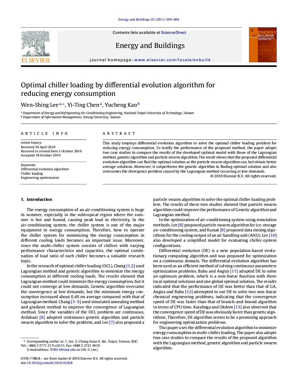 Optimal chiller loading by differential evolution algorithm for reducing energy consumption