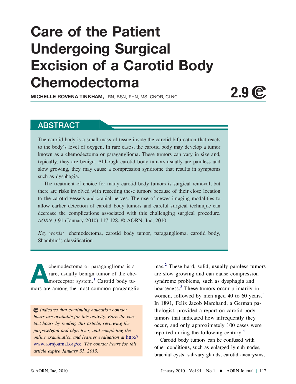 Care of the Patient Undergoing Surgical Excision of a Carotid Body Chemodectoma