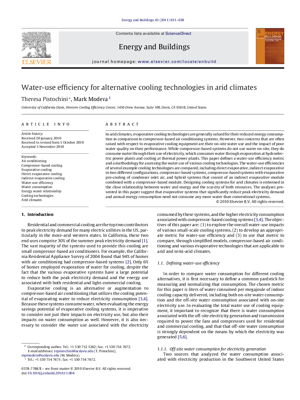 Water-use efficiency for alternative cooling technologies in arid climates