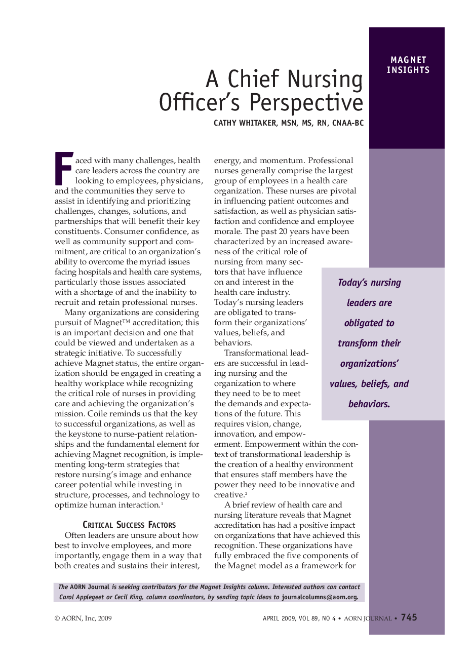 عکس صفحه اول مقاله: A Chief Nursing Officer's Perspective A Chief Nursing Officer's Perspective