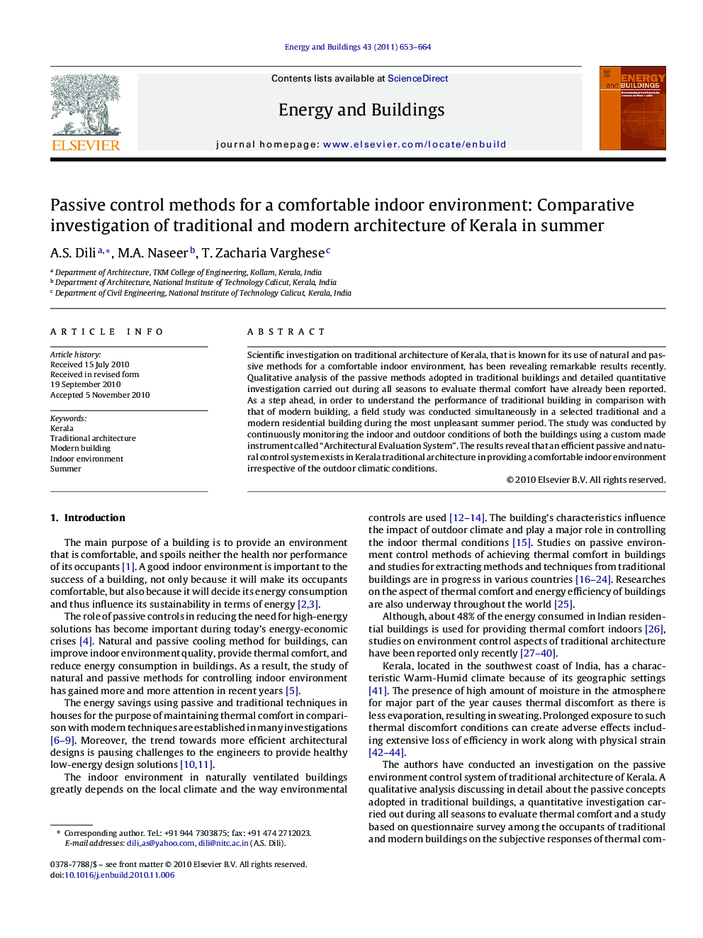 Passive control methods for a comfortable indoor environment: Comparative investigation of traditional and modern architecture of Kerala in summer