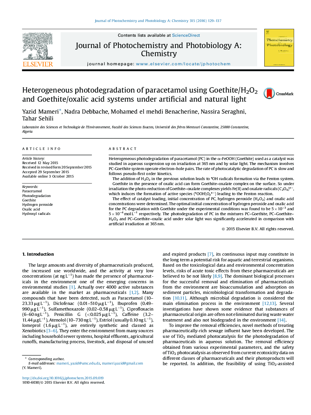 Heterogeneous photodegradation of paracetamol using Goethite/H2O2 and Goethite/oxalic acid systems under artificial and natural light