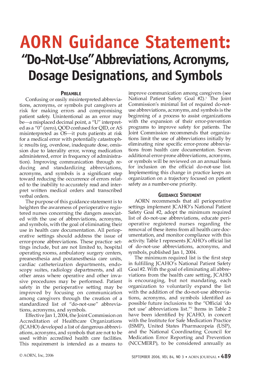 عکس صفحه اول مقاله: AORN Guidance Statement: “Do-Not-Use” Abbreviations, Acronyms, Dosage Designations, and Symbols AORN Guidance Statement: “Do-Not-Use” Abbreviations, Acronyms, Dosage Designations, and Symbols