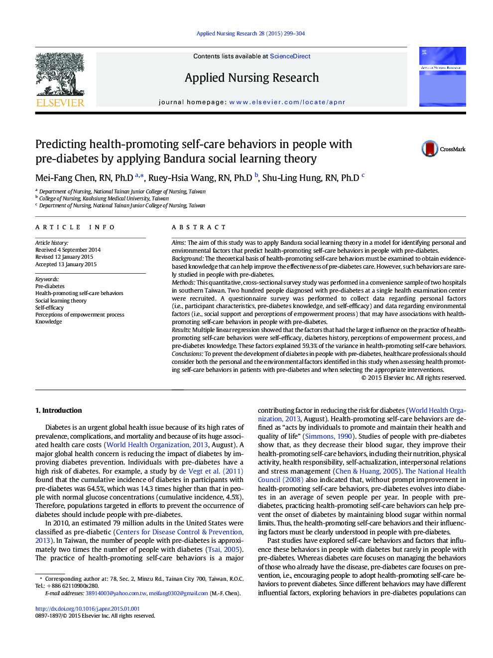 Predicting health-promoting self-care behaviors in people with pre-diabetes by applying Bandura social learning theory