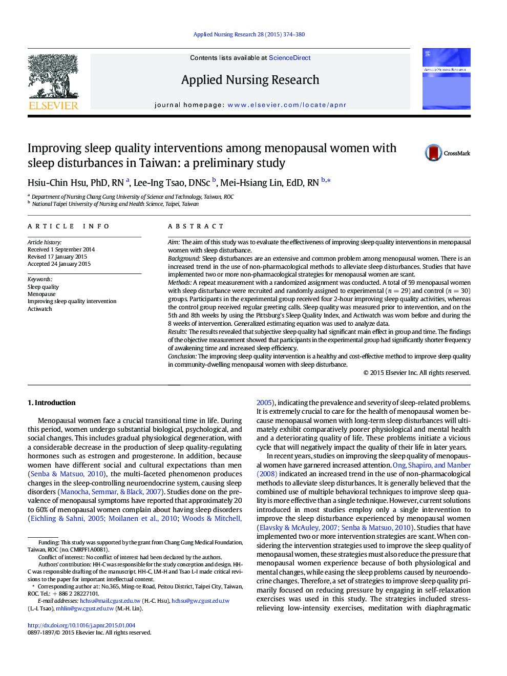 Improving sleep quality interventions among menopausal women with sleep disturbances in Taiwan: a preliminary study 