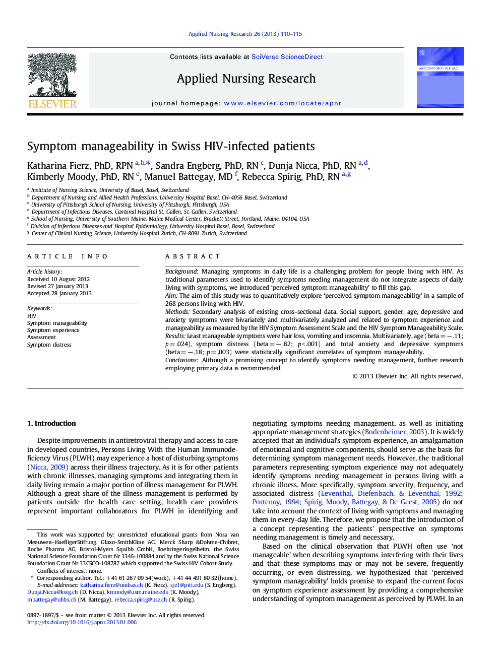 Symptom manageability in Swiss HIV-infected patients 