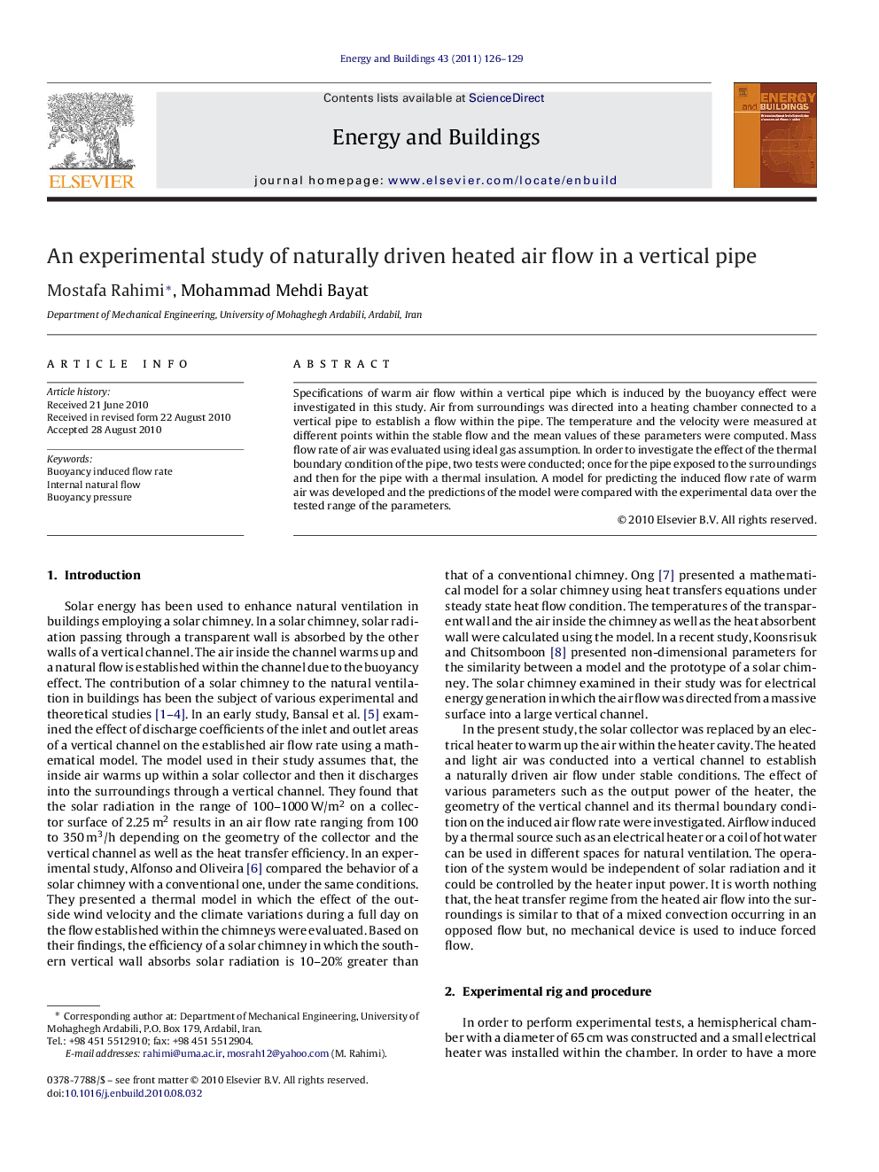 عکس صفحه اول مقاله: An experimental study of naturally driven heated air flow in a vertical pipe An experimental study of naturally driven heated air flow in a vertical pipe