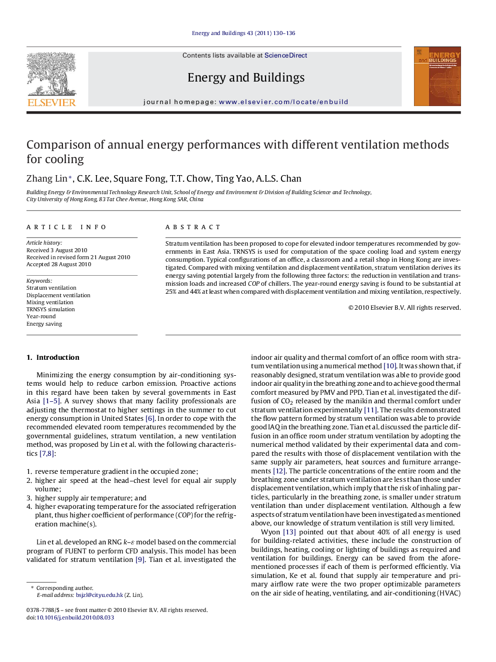 Comparison of annual energy performances with different ventilation methods for cooling