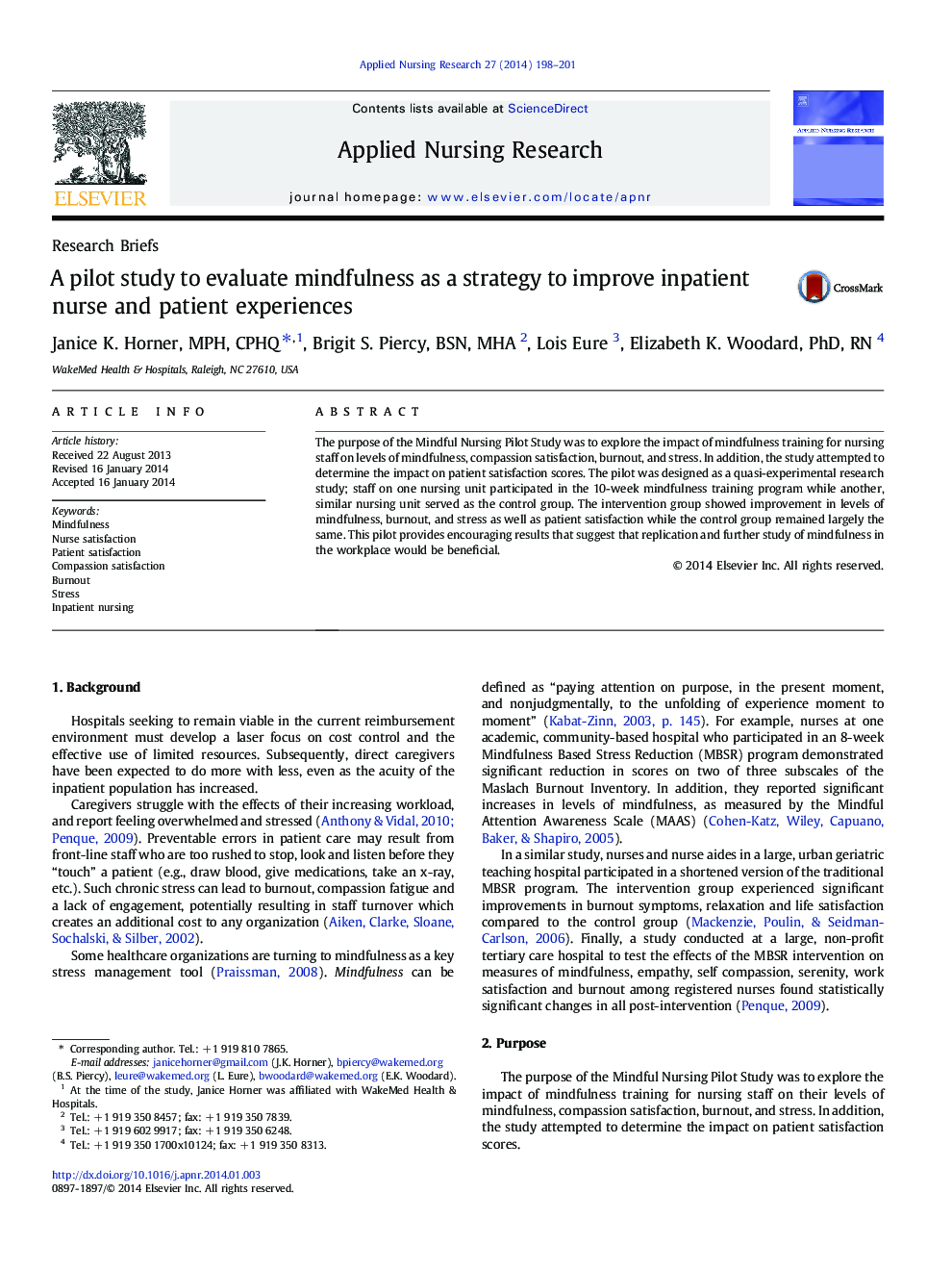 A pilot study to evaluate mindfulness as a strategy to improve inpatient nurse and patient experiences