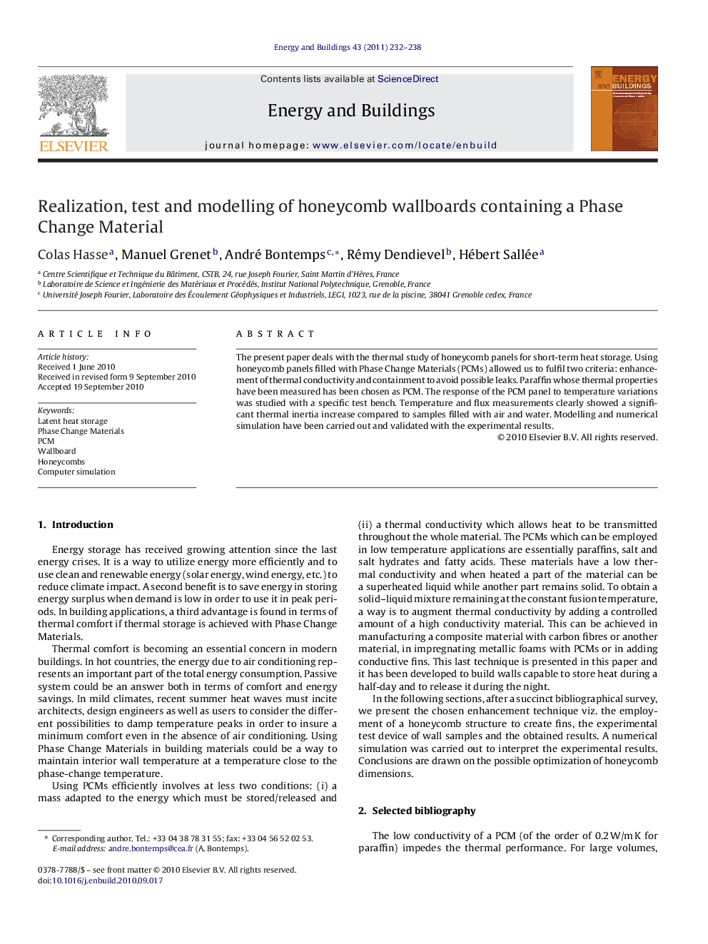 Realization, test and modelling of honeycomb wallboards containing a Phase Change Material