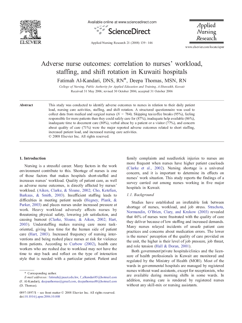 Adverse nurse outcomes: correlation to nurses' workload, staffing, and shift rotation in Kuwaiti hospitals