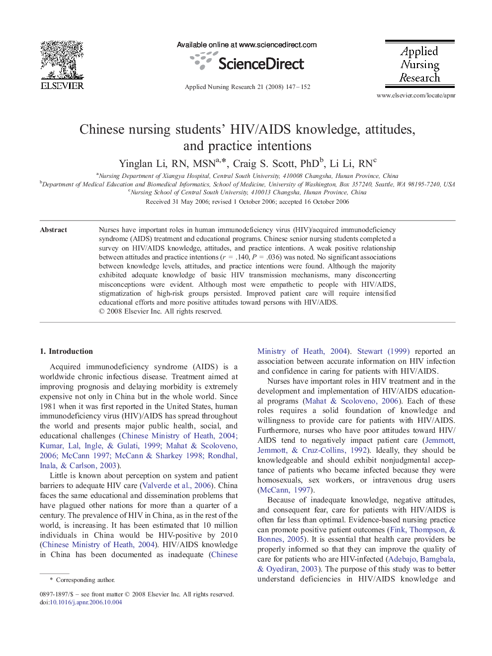 Chinese nursing students' HIV/AIDS knowledge, attitudes, and practice intentions