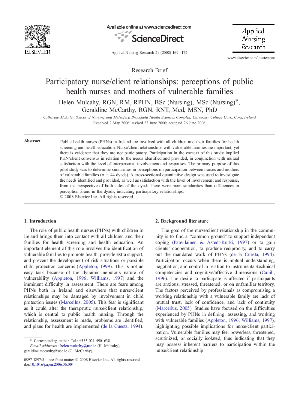 Participatory nurse/client relationships: perceptions of public health nurses and mothers of vulnerable families