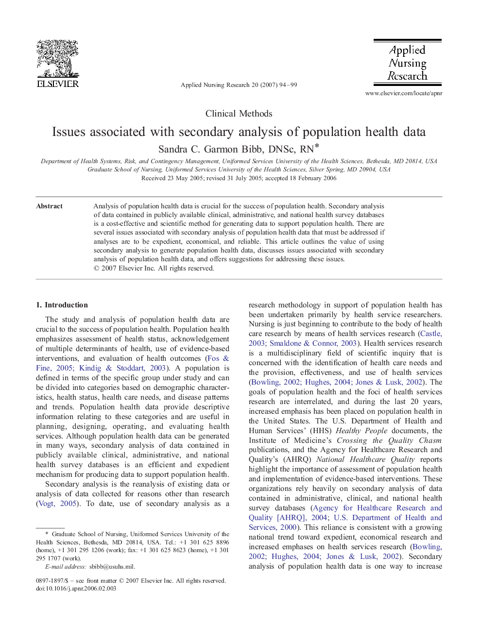 Issues associated with secondary analysis of population health data