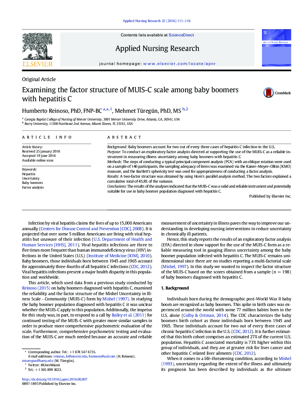 Examining the factor structure of MUIS-C scale among baby boomers with hepatitis C