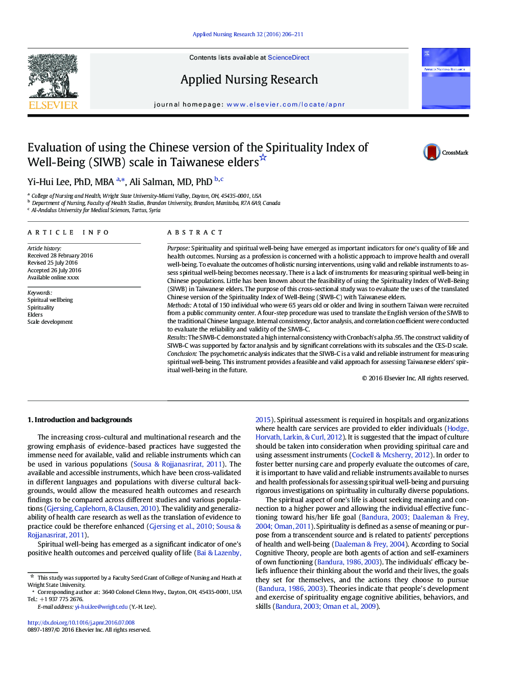 Evaluation of using the Chinese version of the Spirituality Index of Well-Being (SIWB) scale in Taiwanese elders