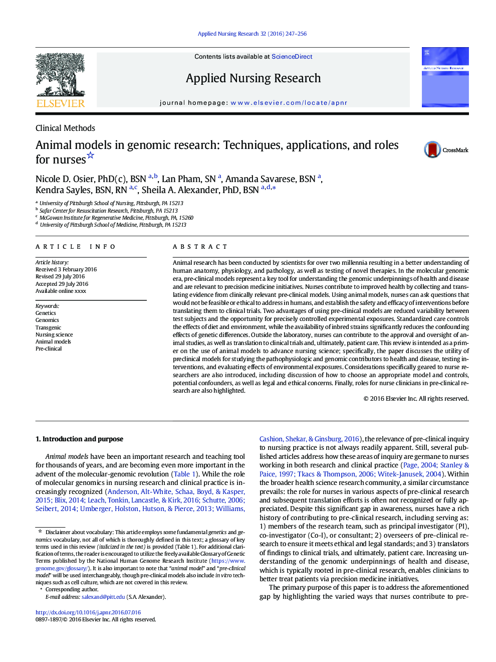 Animal models in genomic research: Techniques, applications, and roles for nurses