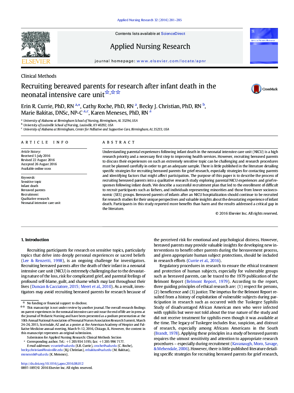 Recruiting bereaved parents for research after infant death in the neonatal intensive care unit