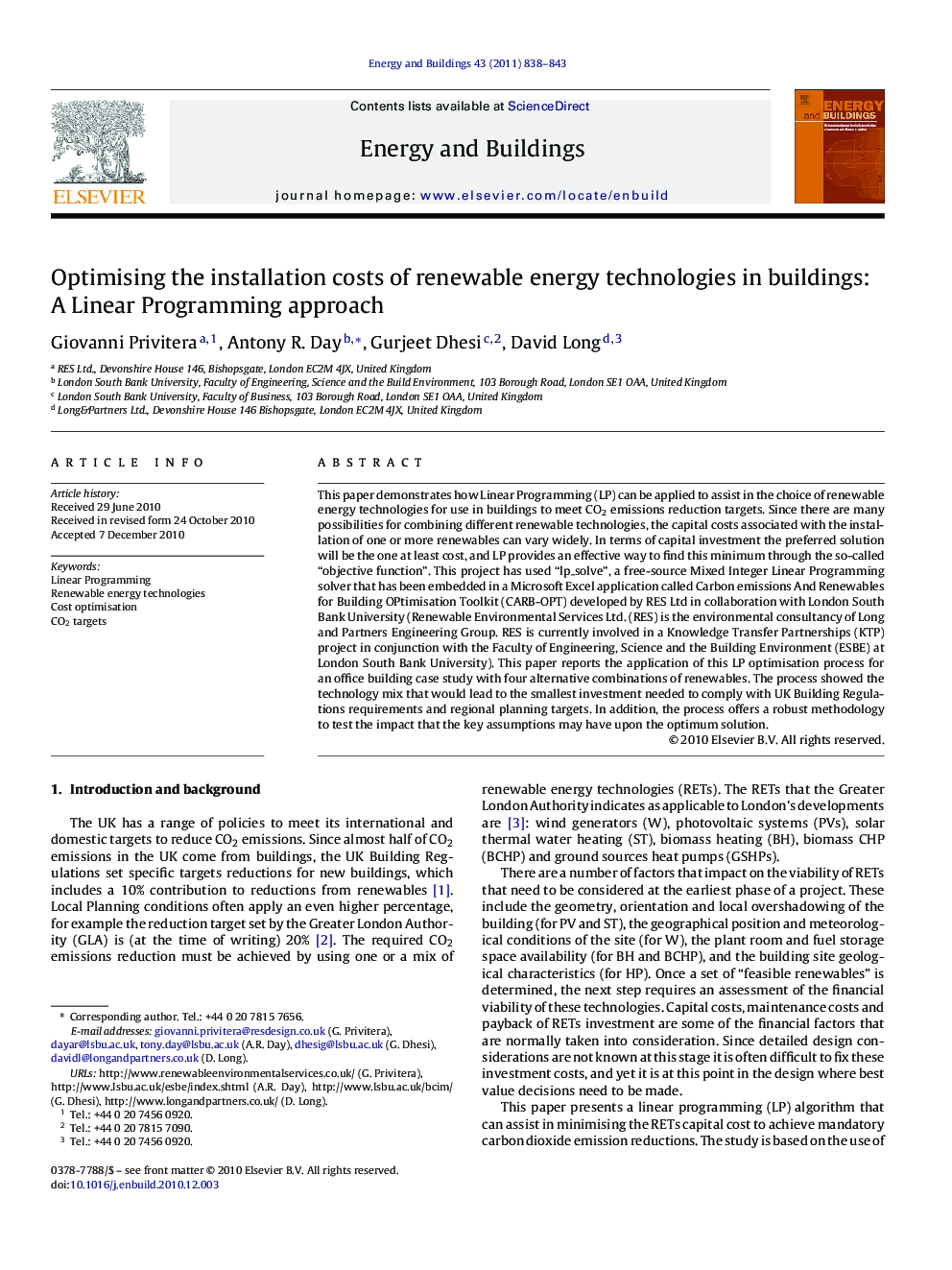 Optimising the installation costs of renewable energy technologies in buildings: A Linear Programming approach