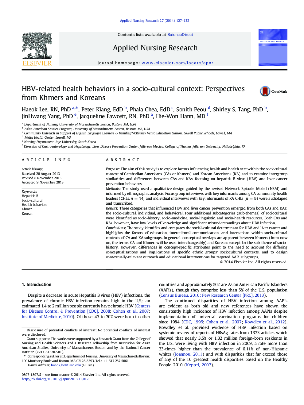 HBV-related health behaviors in a socio-cultural context: Perspectives from Khmers and Koreans 