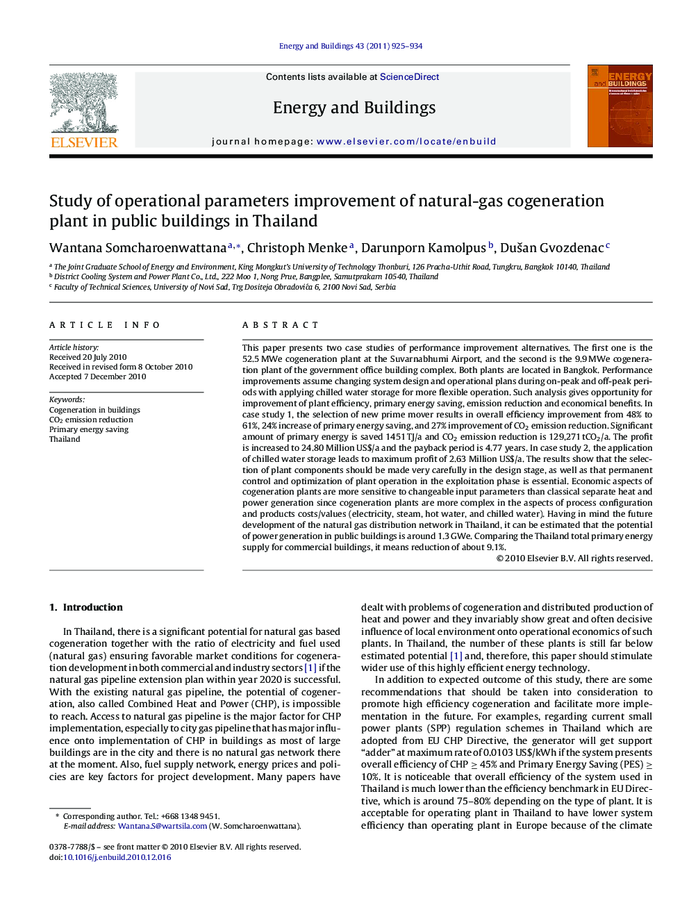 Study of operational parameters improvement of natural-gas cogeneration plant in public buildings in Thailand