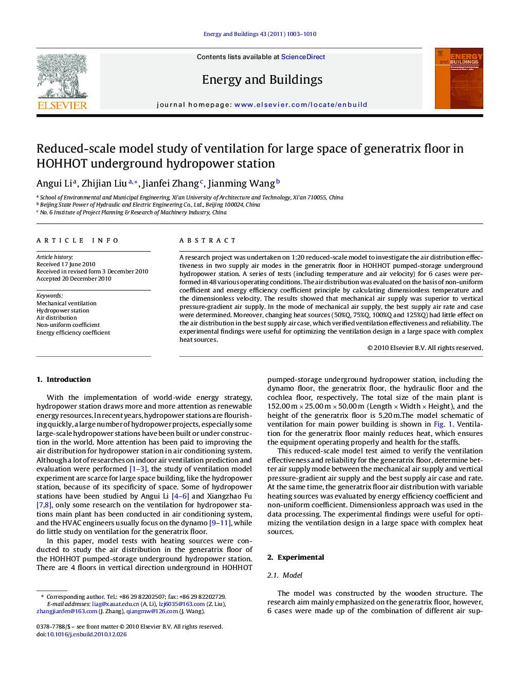 Reduced-scale model study of ventilation for large space of generatrix floor in HOHHOT underground hydropower station