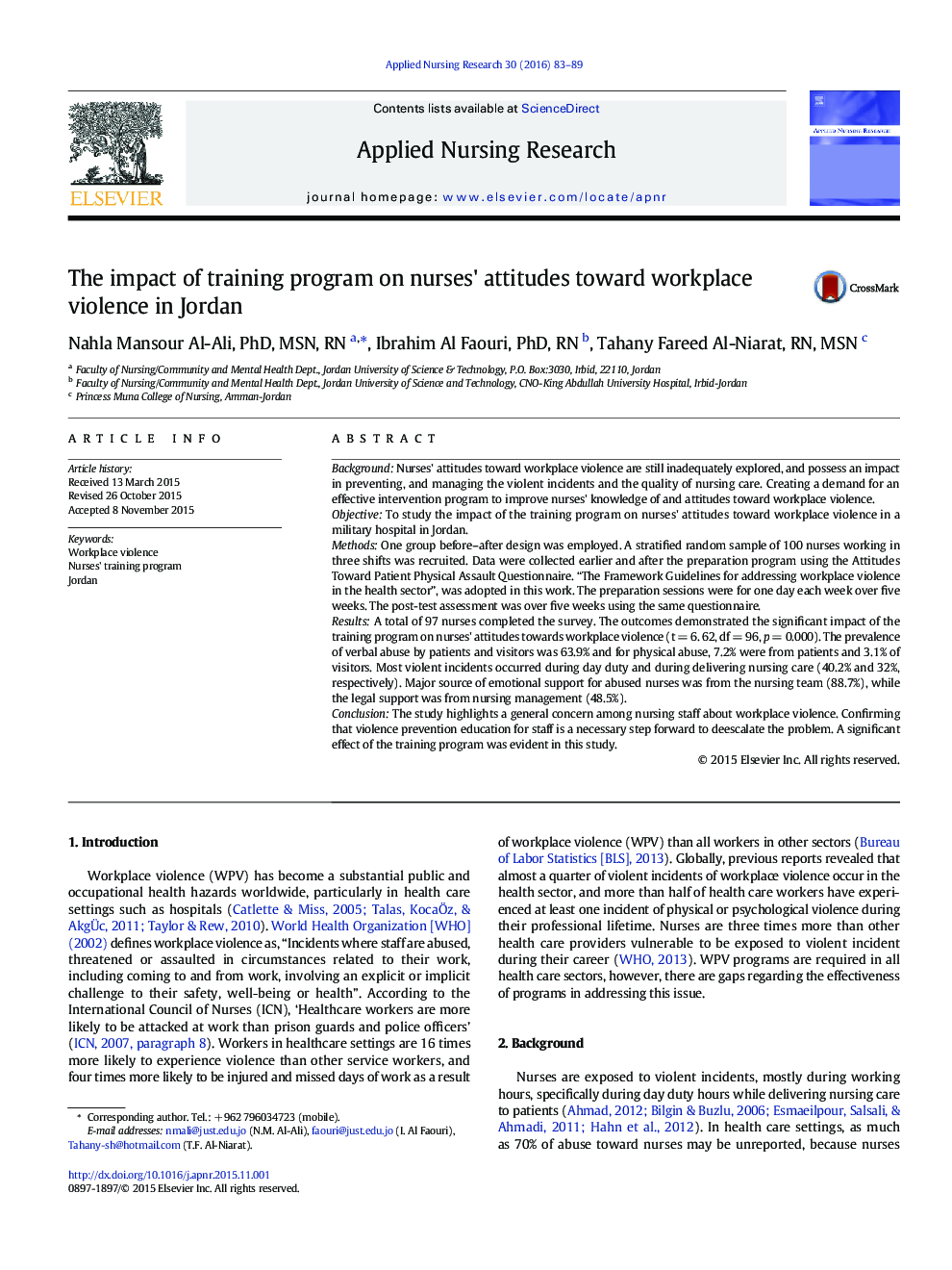 The impact of training program on nurses' attitudes toward workplace violence in Jordan