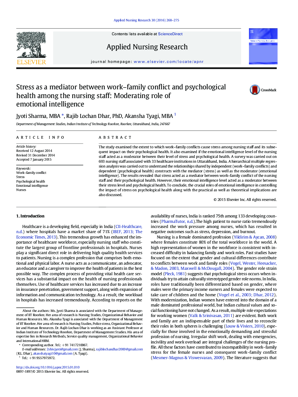 Stress as a mediator between work–family conflict and psychological health among the nursing staff: Moderating role of emotional intelligence 