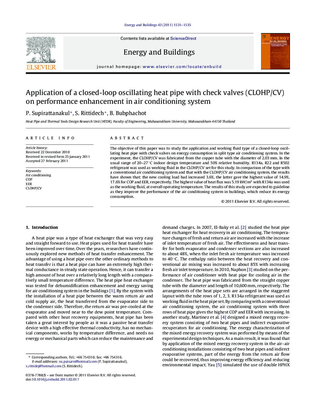 Application of a closed-loop oscillating heat pipe with check valves (CLOHP/CV) on performance enhancement in air conditioning system