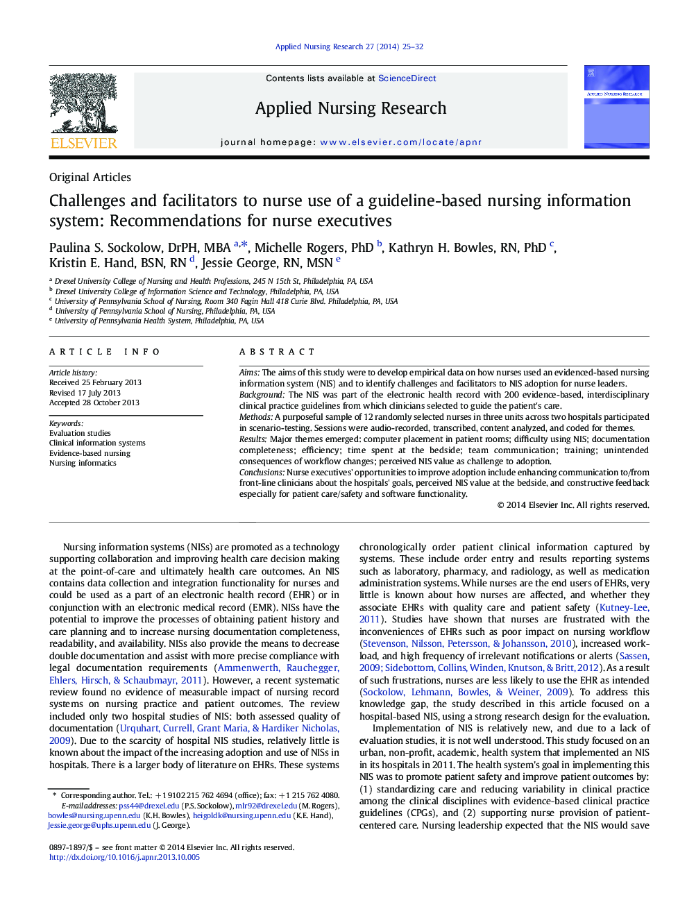 Challenges and facilitators to nurse use of a guideline-based nursing information system: Recommendations for nurse executives