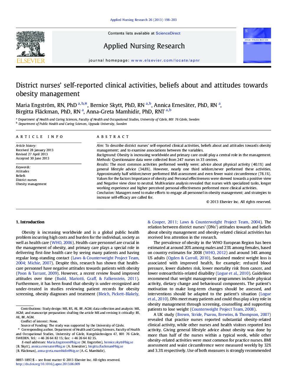 District nurses’ self-reported clinical activities, beliefs about and attitudes towards obesity management 