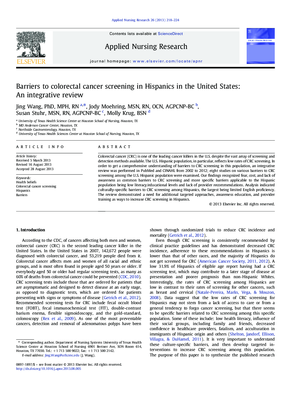 Barriers to colorectal cancer screening in Hispanics in the United States: An integrative review