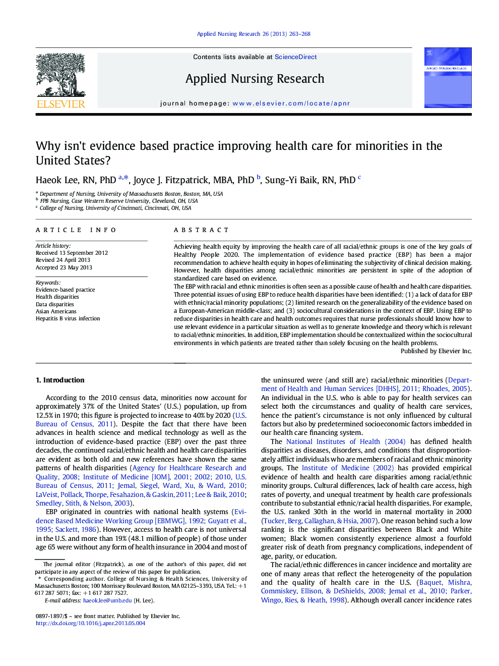 عکس صفحه اول مقاله: Why isn't evidence based practice improving health care for minorities in the United States? Why isn't evidence based practice improving health care for minorities in the United States?
