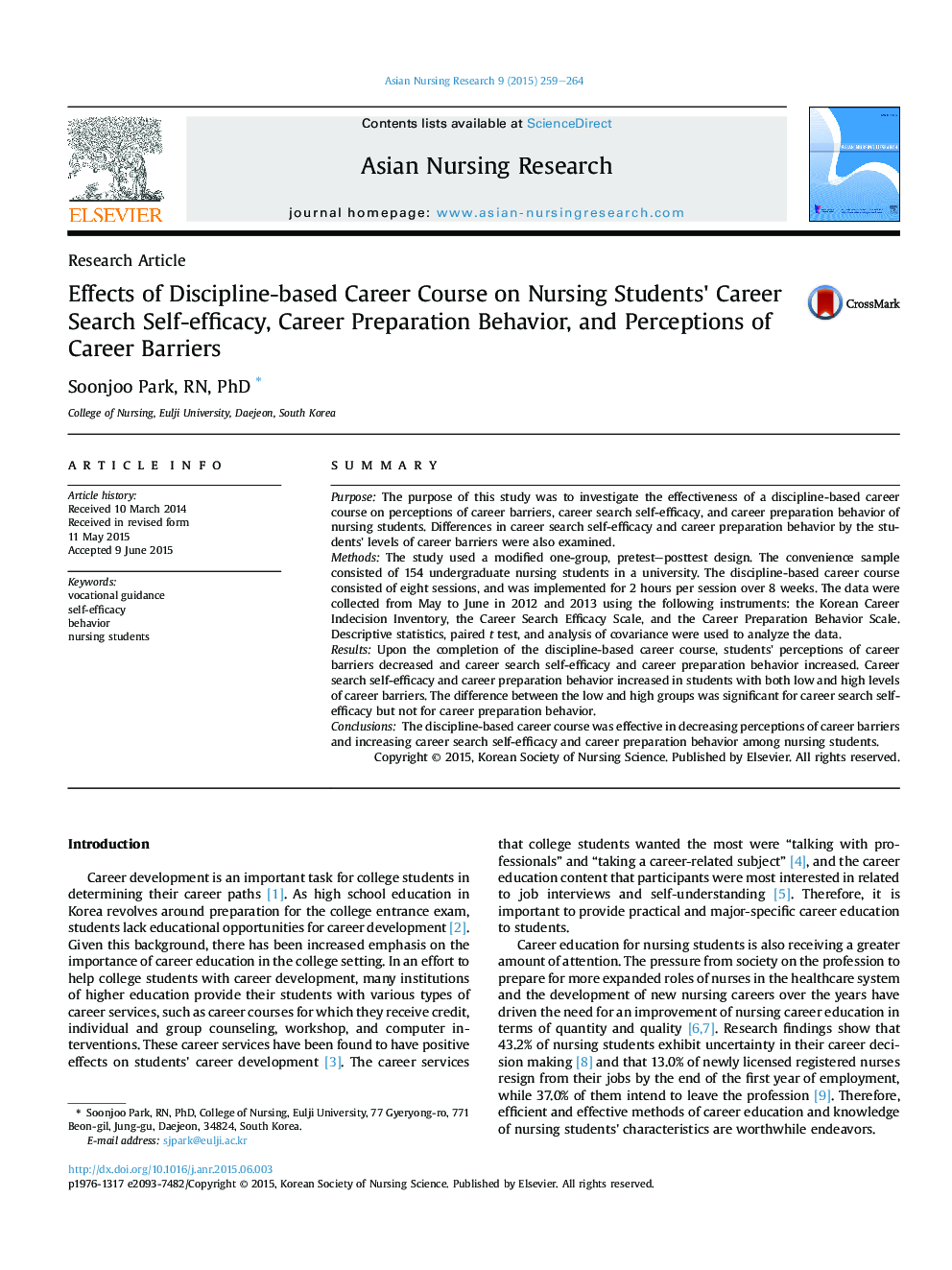 Effects of Discipline-based Career Course on Nursing Students' Career Search Self-efficacy, Career Preparation Behavior, and Perceptions of Career Barriers