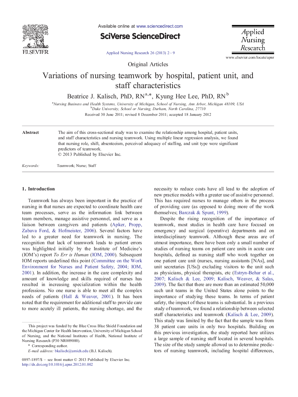 Variations of nursing teamwork by hospital, patient unit, and staff characteristics 