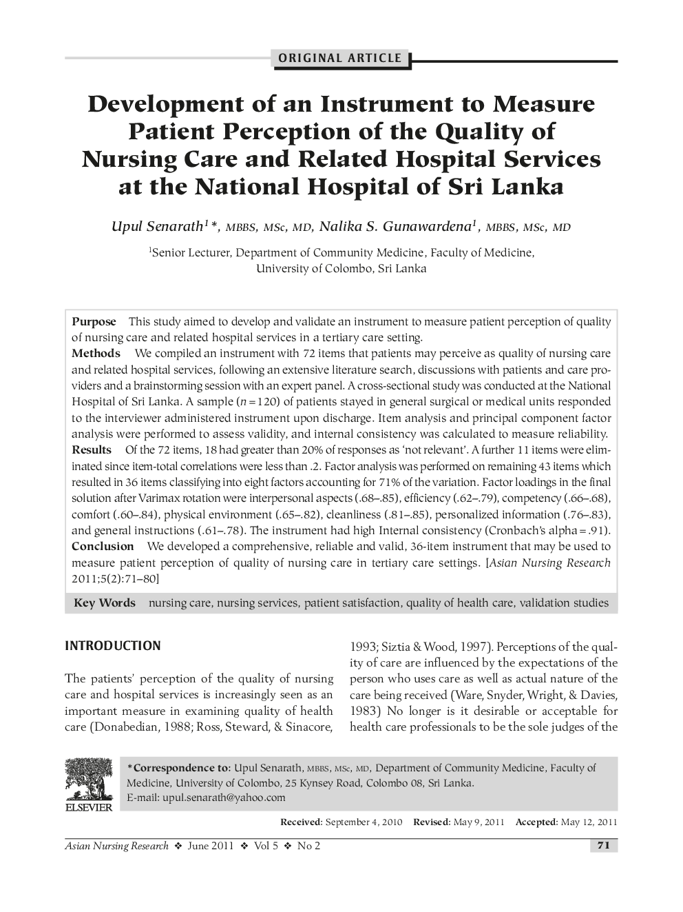 Development of an Instrument to Measure Patient Perception of the Quality of Nursing Care and Related Hospital Services at the National Hospital of Sri Lanka