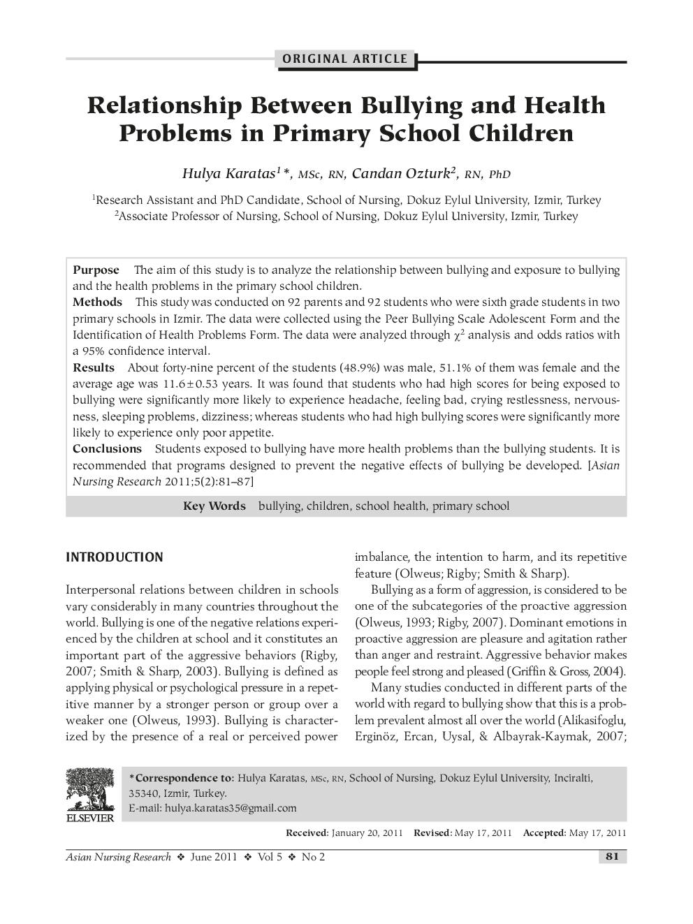 Relationship Between Bullying and Health Problems in Primary School Children