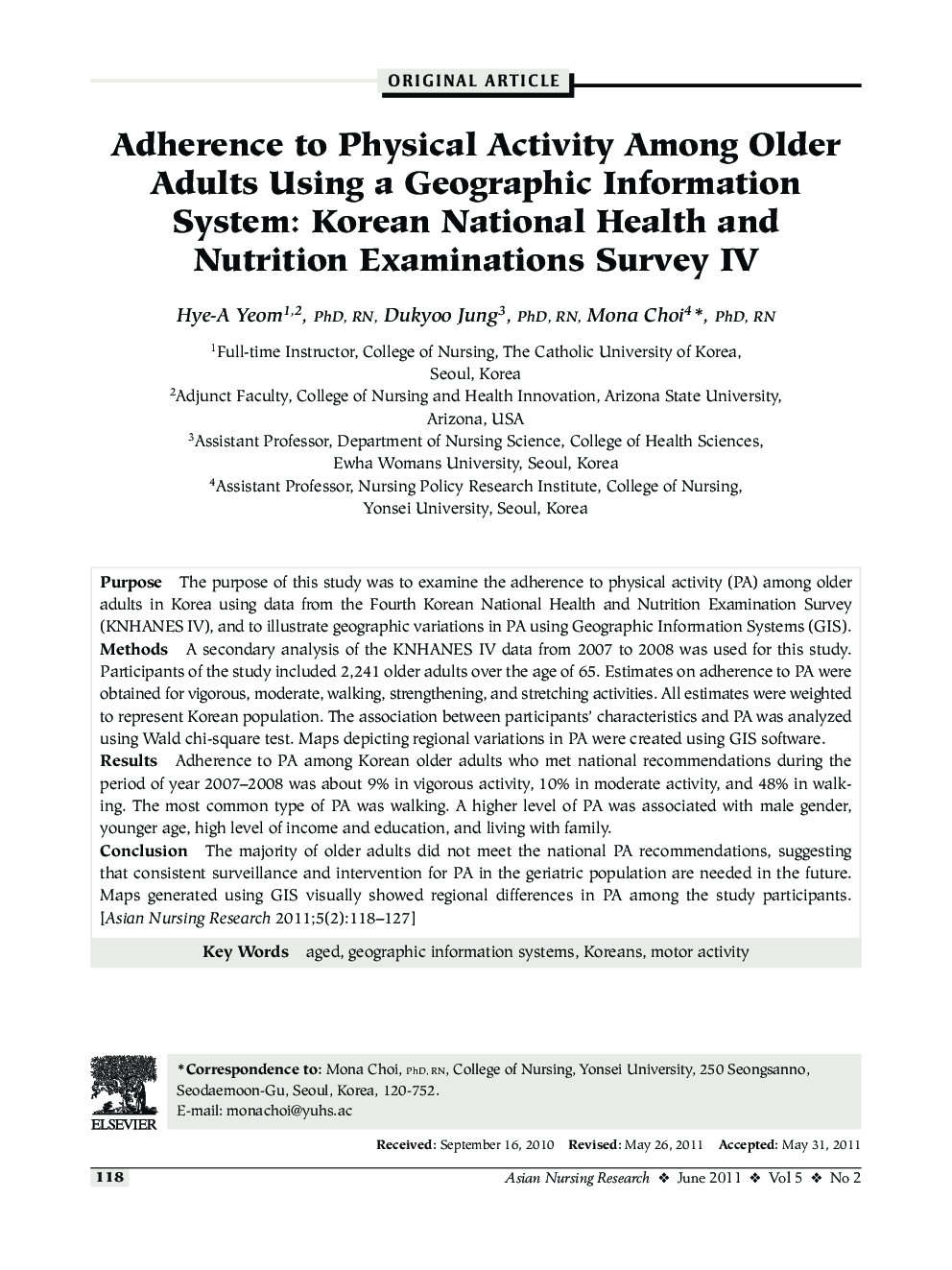 Adherence to Physical Activity Among Older Adults Using a Geographic Information System: Korean National Health and Nutrition Examinations Survey IV