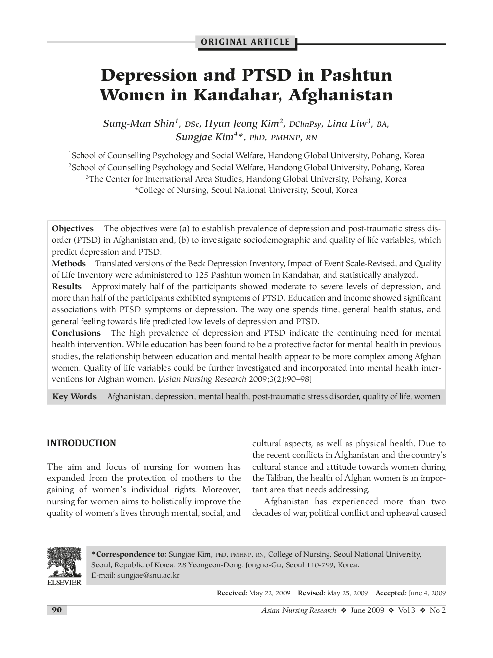 Depression and PTSD in Pashtun Women in Kandahar, Afghanistan