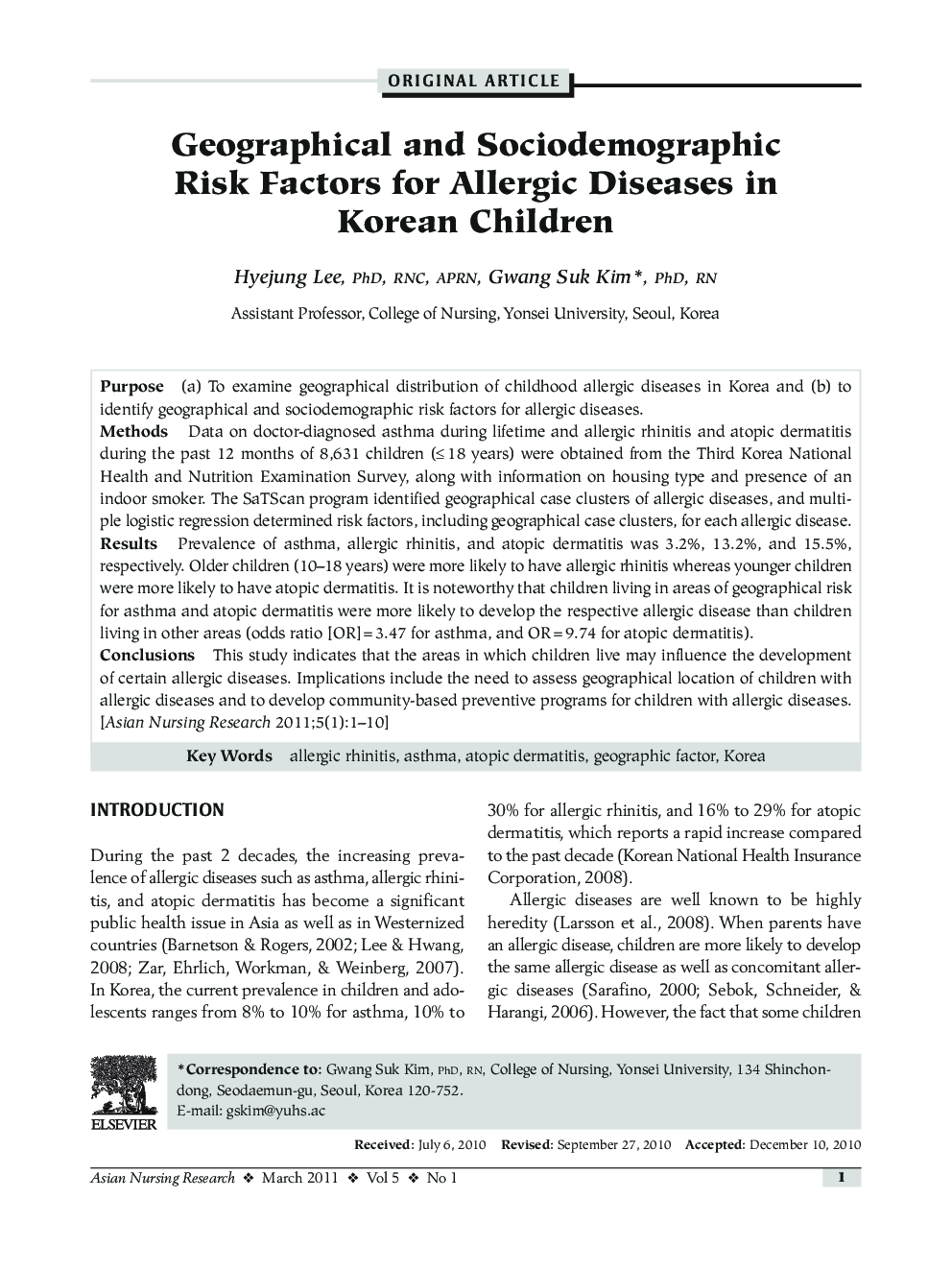 Geographical and Sociodemographic Risk Factors for Allergic Diseases in Korean Children