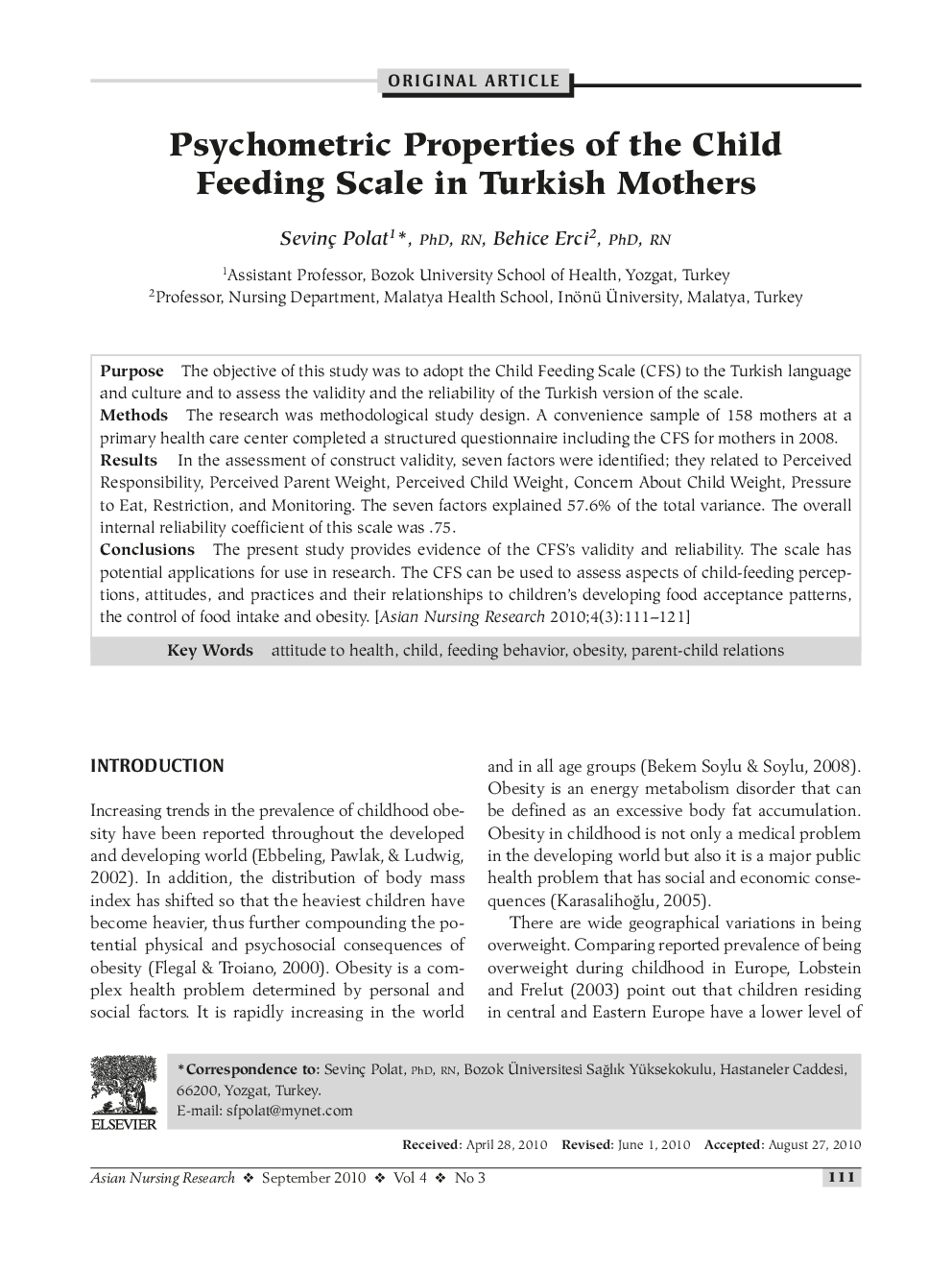 Psychometric Properties of the Child Feeding Scale in Turkish Mothers