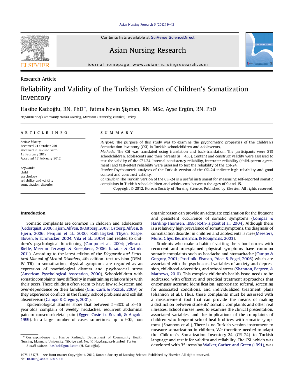 Reliability and Validity of the Turkish Version of Children's Somatization Inventory