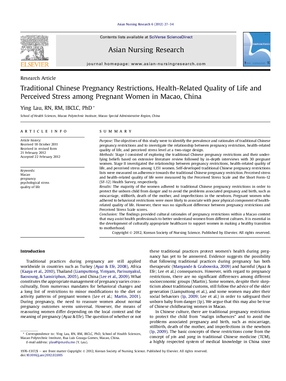 Traditional Chinese Pregnancy Restrictions, Health-Related Quality of Life and Perceived Stress among Pregnant Women in Macao, China