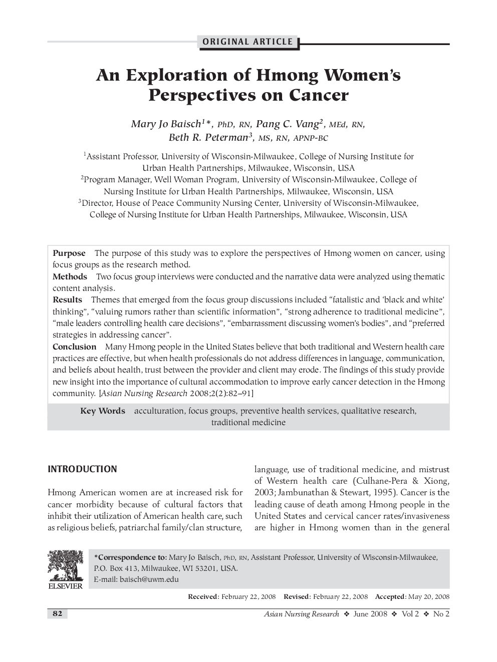 An Exploration of Hmong Women's Perspectives on Cancer