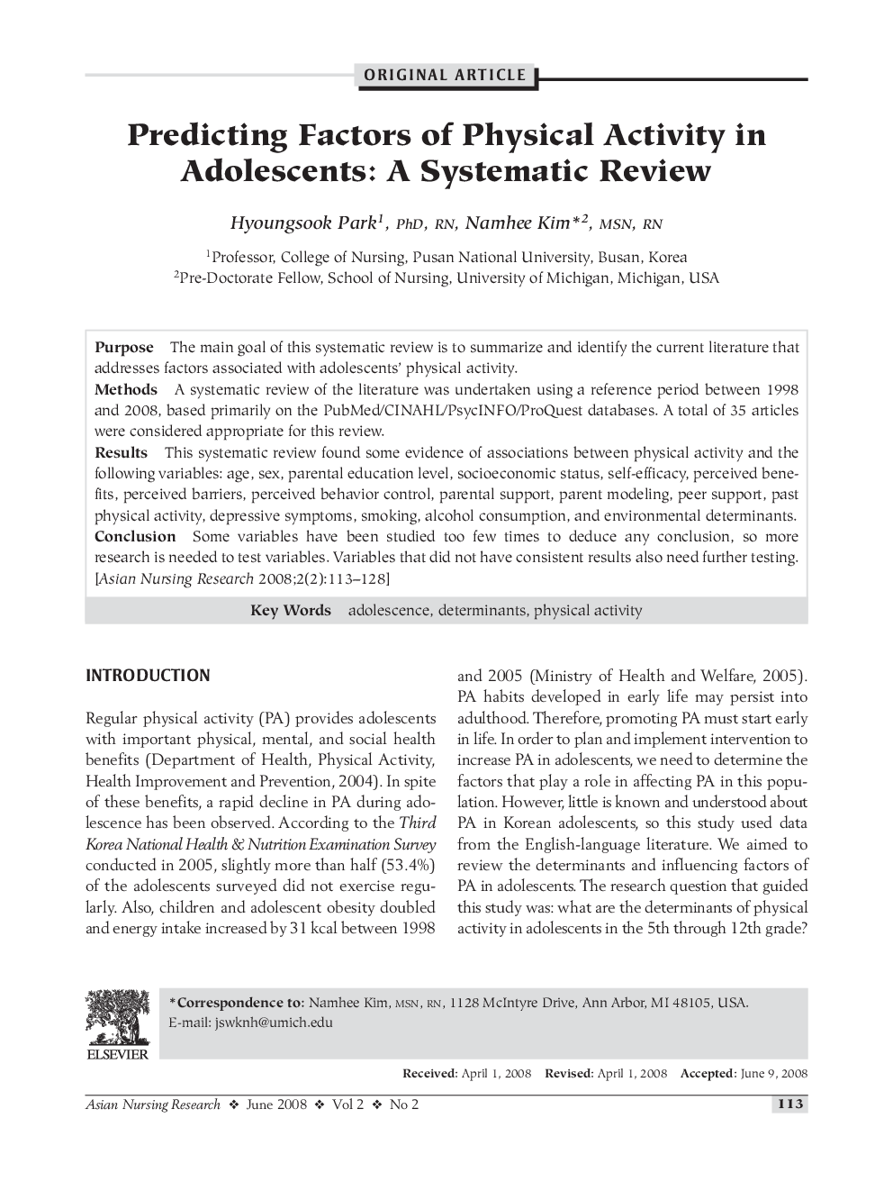 Predicting Factors of Physical Activity in Adolescents: A Systematic Review